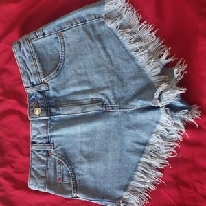 Crazy little fringe distressed denim jean shorts